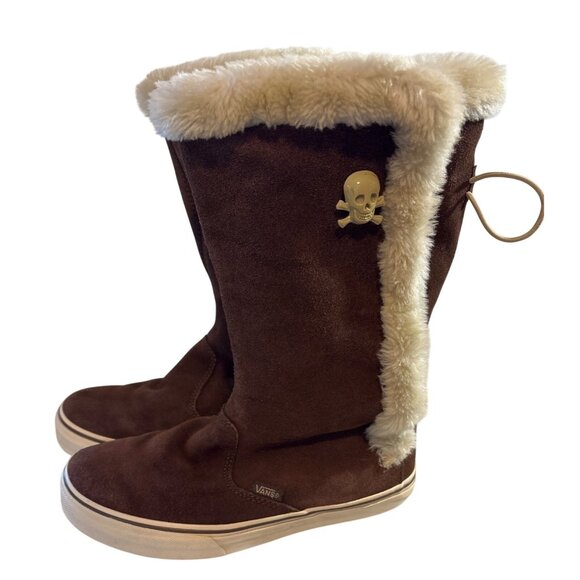 Vans Dasan Women’s Size 7 Brown Suede Fur Lined Tall Sneaker Boots Skull Button - Picture 1 of 14